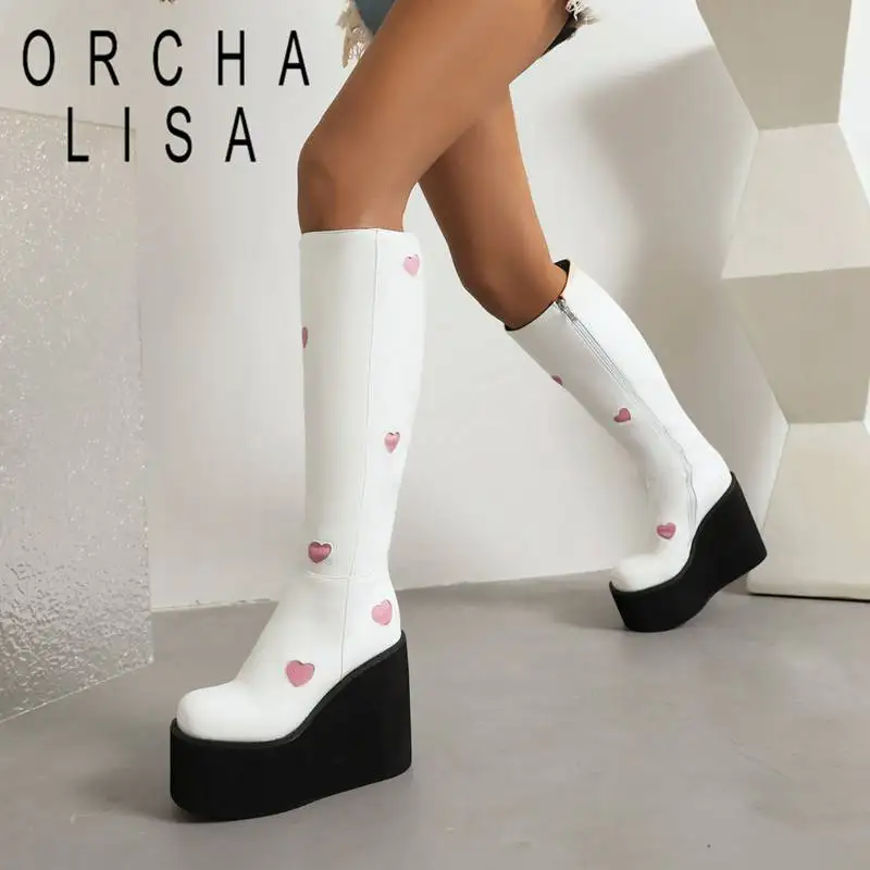 

ORCHA LISA Design Shoe Woman Knee-high Boots 37cm Round Toe Wedges Heel 11.5cm Platform Zipper Big Size 43 Heart Punk Booties