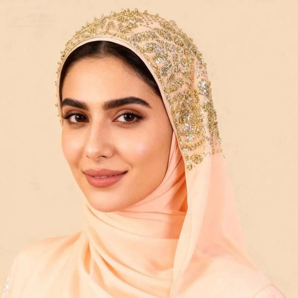 Luxury Beaded Lace Instant Hijab Rhinestone Collar Soft Chiffon Sequin Hijab Gold Sequin Embroidery Headscarf For Women