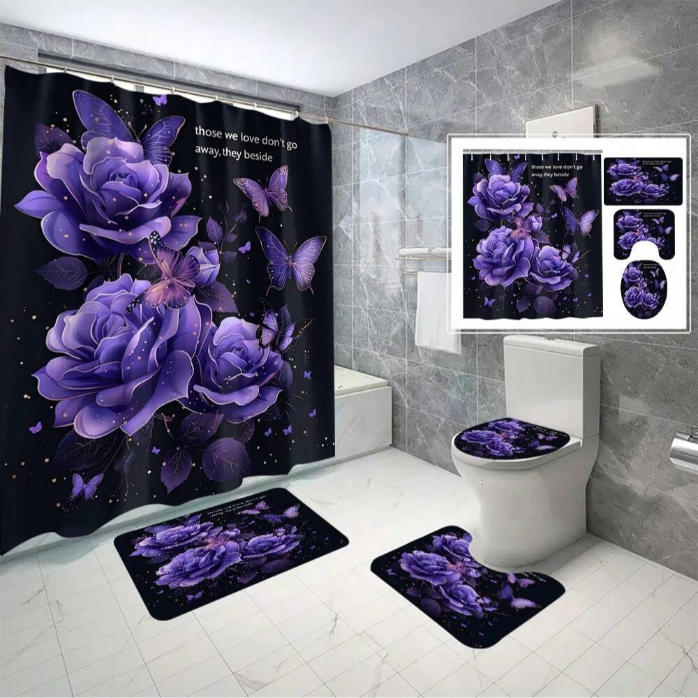 

4pcs/Set Floral Print Shower Curtain Set, Toilet Lid Cover, U-Shaped Bath Mat, Waterproof Bathtub Curtain, Bathroom Accessories