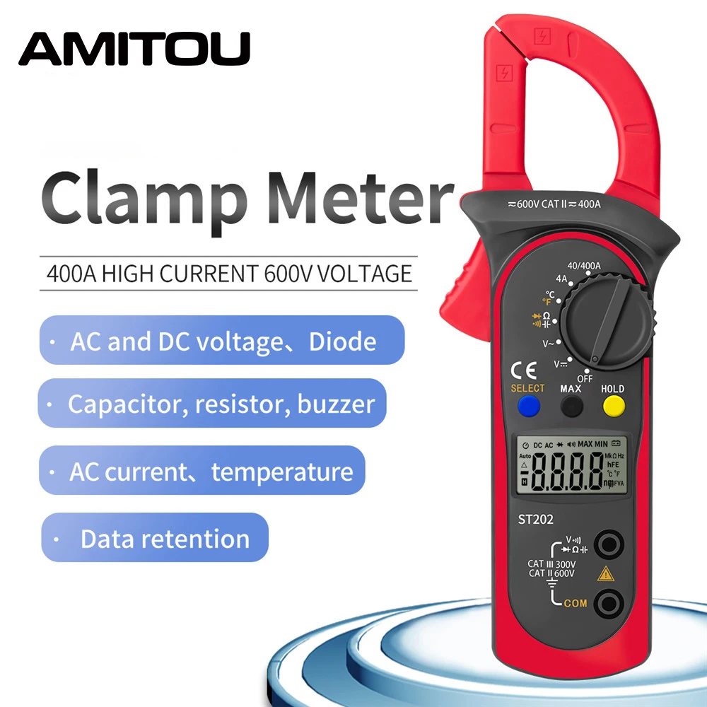 AMITOU ST202 Digital Clamp Meters Professional Multimeter Clamp AC/DC Voltmeter Ammeter Diode Temp Ohm Tester for Electrician