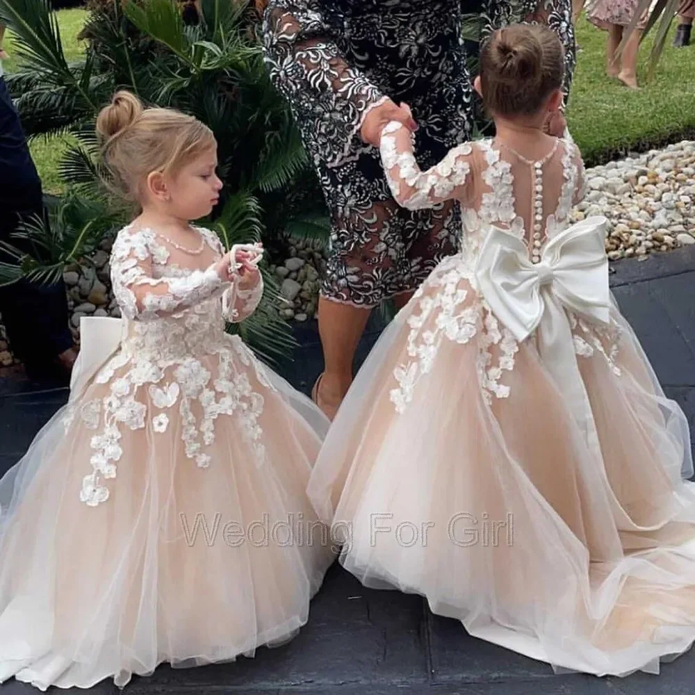 Long Sleeve Flower Girl Dresses Tulle Puffy Baby Wedding Guest Party Lace Appliques Kids Birthday Dress First Communion Gown