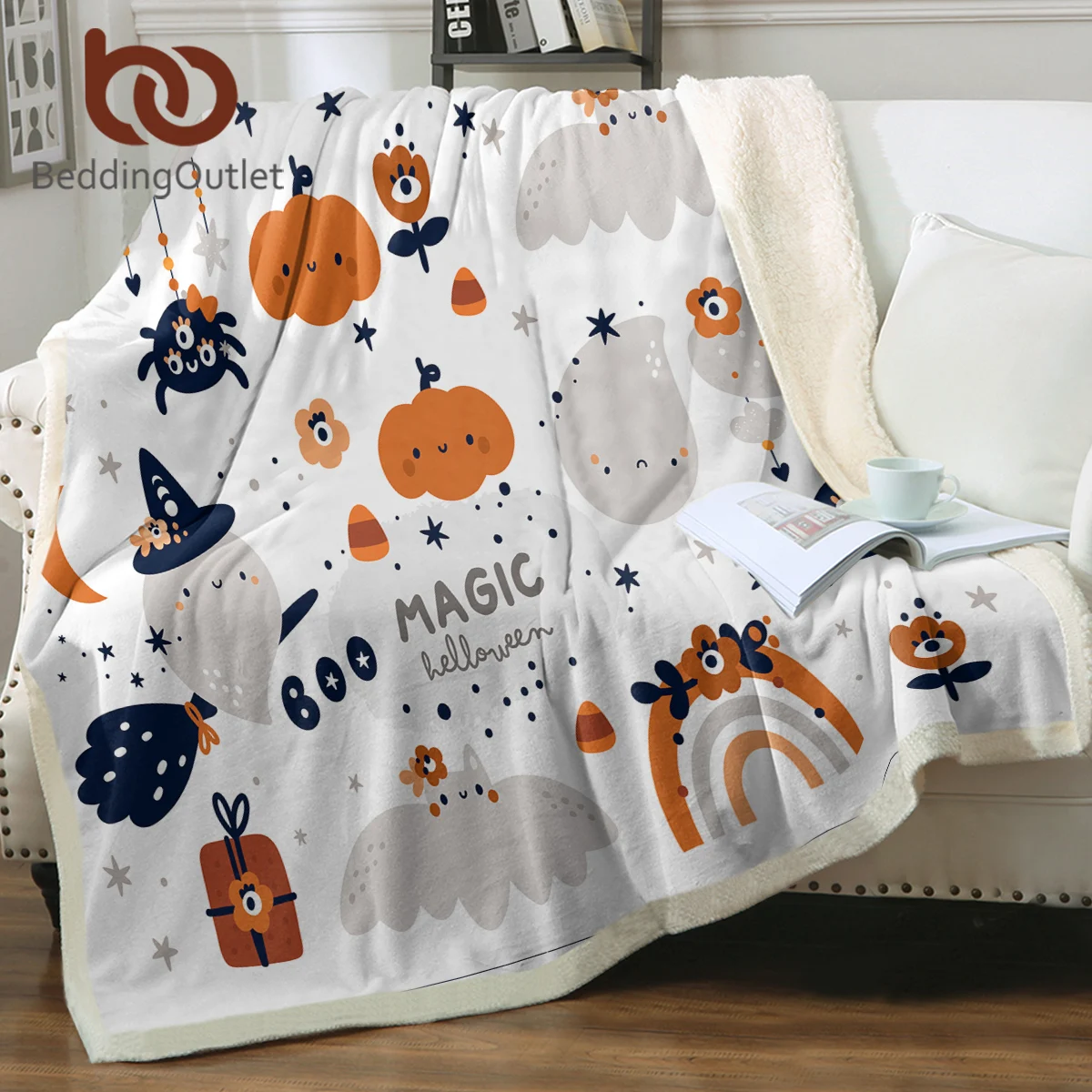 BeddingOutlet Kawaii Cartoon Ghost Pumpkin Skull Sherpa Fleece Blanket Magic Spider Kids Adults Bedroom Decor Hallowmas Gifts