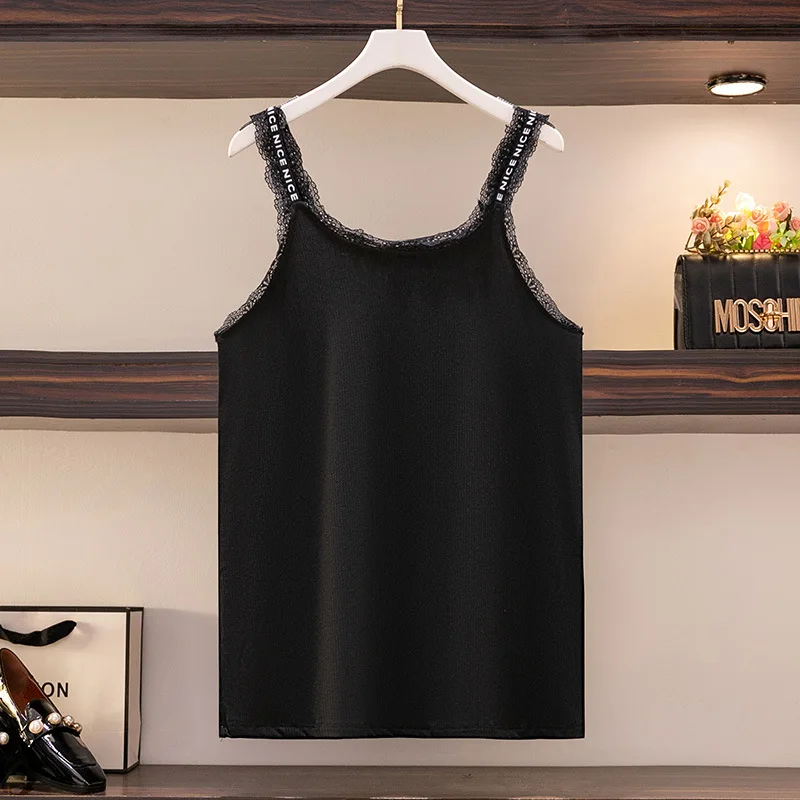 Nieuwe 2022 Zomer Plus Size Basic Tank Tops Voor Vrouwen Grote Omvang Mouwloze Kant Zwarte Katoenen Vest Zon-Top 3XL 4XL 5XL 6XL 7XL