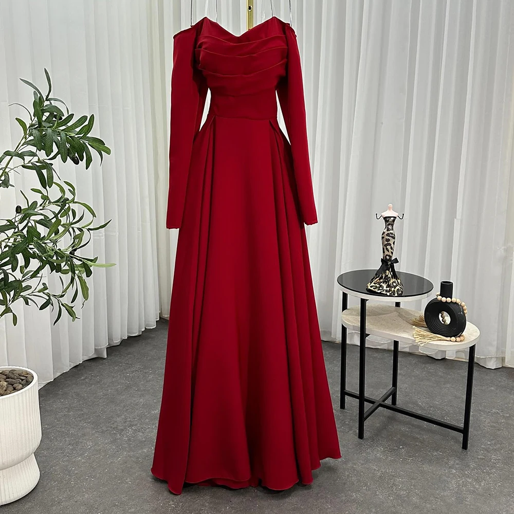 

Customized A-line Evening Dresses Floor-length Off The Shoulder Full Sleeve Prom Gown Fashion Pleat Simple Draped Party Gown