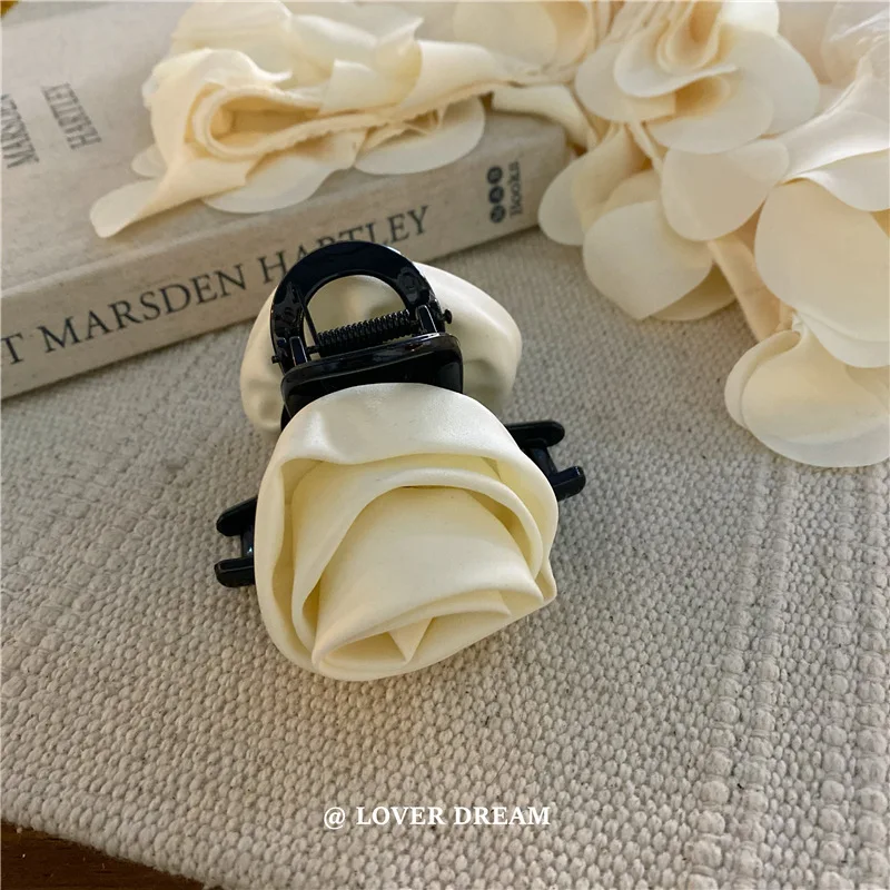 Hair Accessories for Women Korean New Fashiona Pink Satin Fabric Rose Flower Sweet Casual Elegant Hair Claw Clip