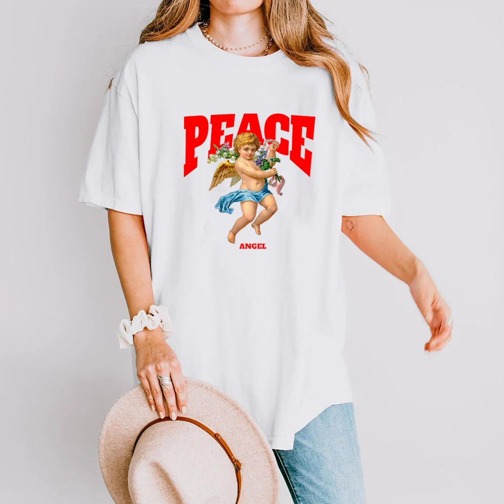 

Peace Angel Graphic Tee Summer Fashion Retro Style Trendy Hipster Women T-Shirt Short Sleeves Gifts For Love Peace Person
