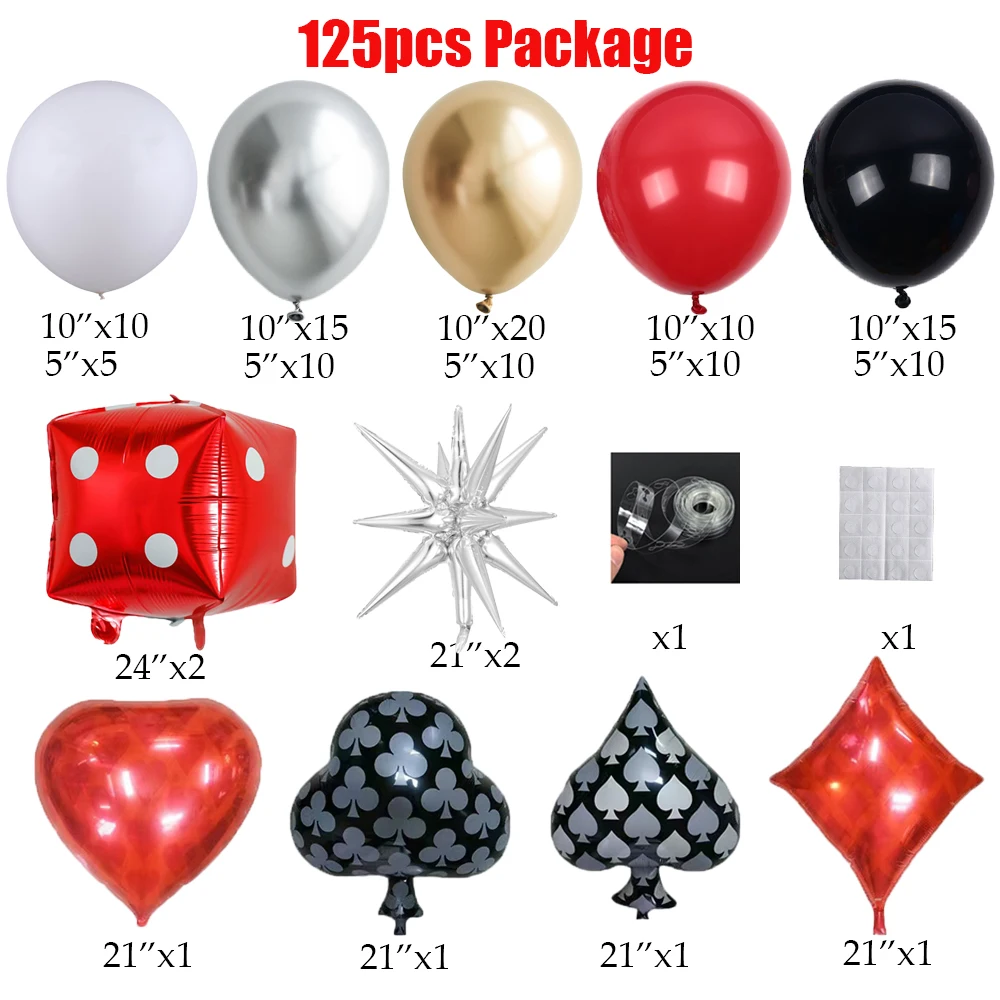 125pcs Casino Theme Red Black Casino Balloons Garland kit with Dice Poker Foil Balloons for Birthday Las Vegas Poker Night Decor