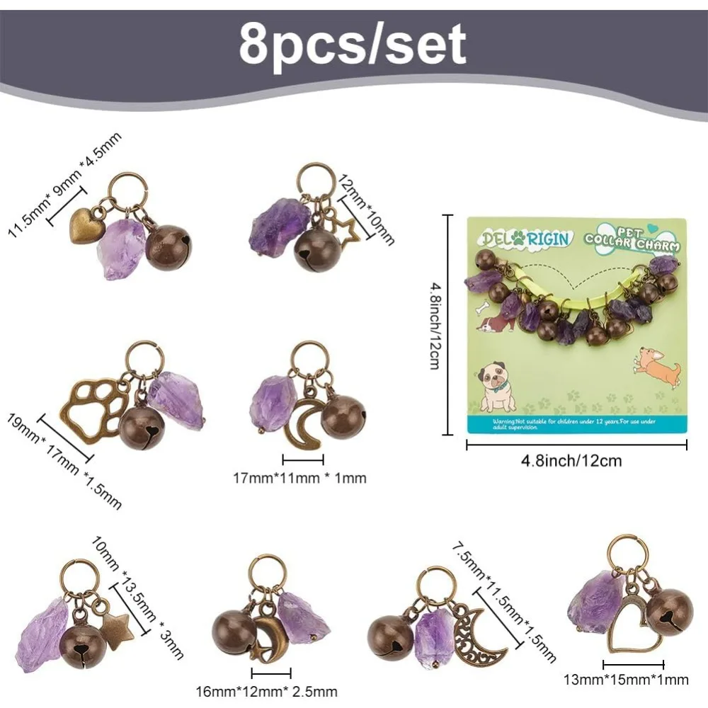 8pcs Natural Amethyst Pet Collar Charms Moon Star Heart Pet Collar Bells Crystal Jewelry Bell Charms with Alloy Pendants for Cat