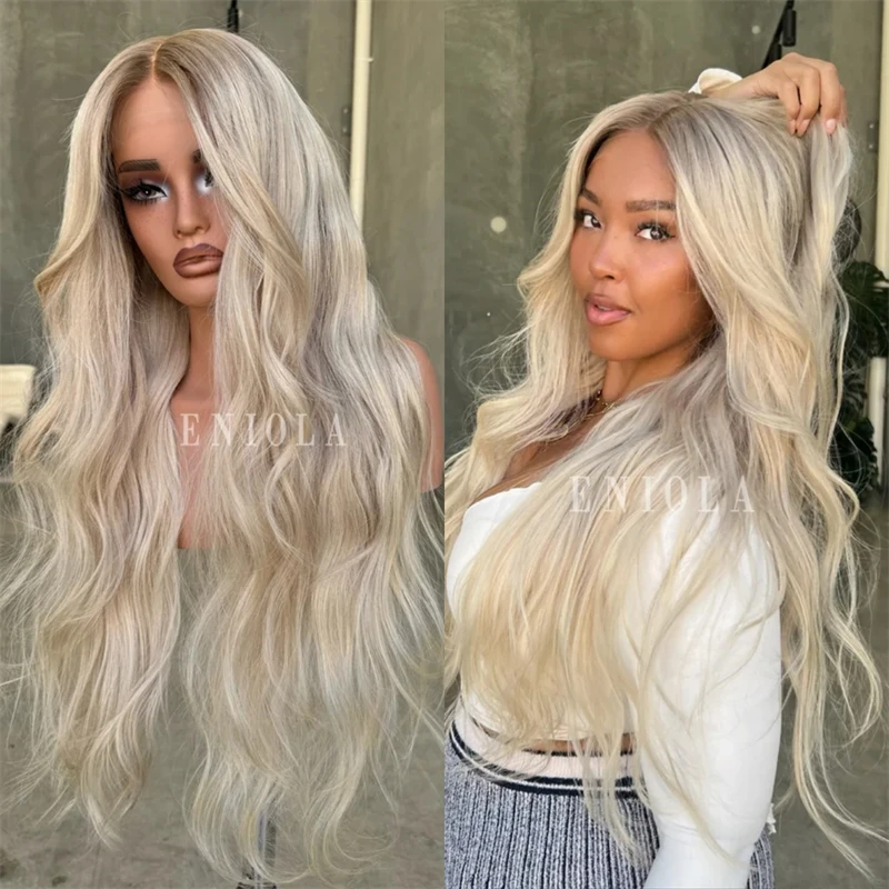 Ombre Ash Blonde Synthetic HD Lace Front Wig for Women Heat Resistant Fiber Wigs Preplucked Hairline Soft Long Body Wave Wig