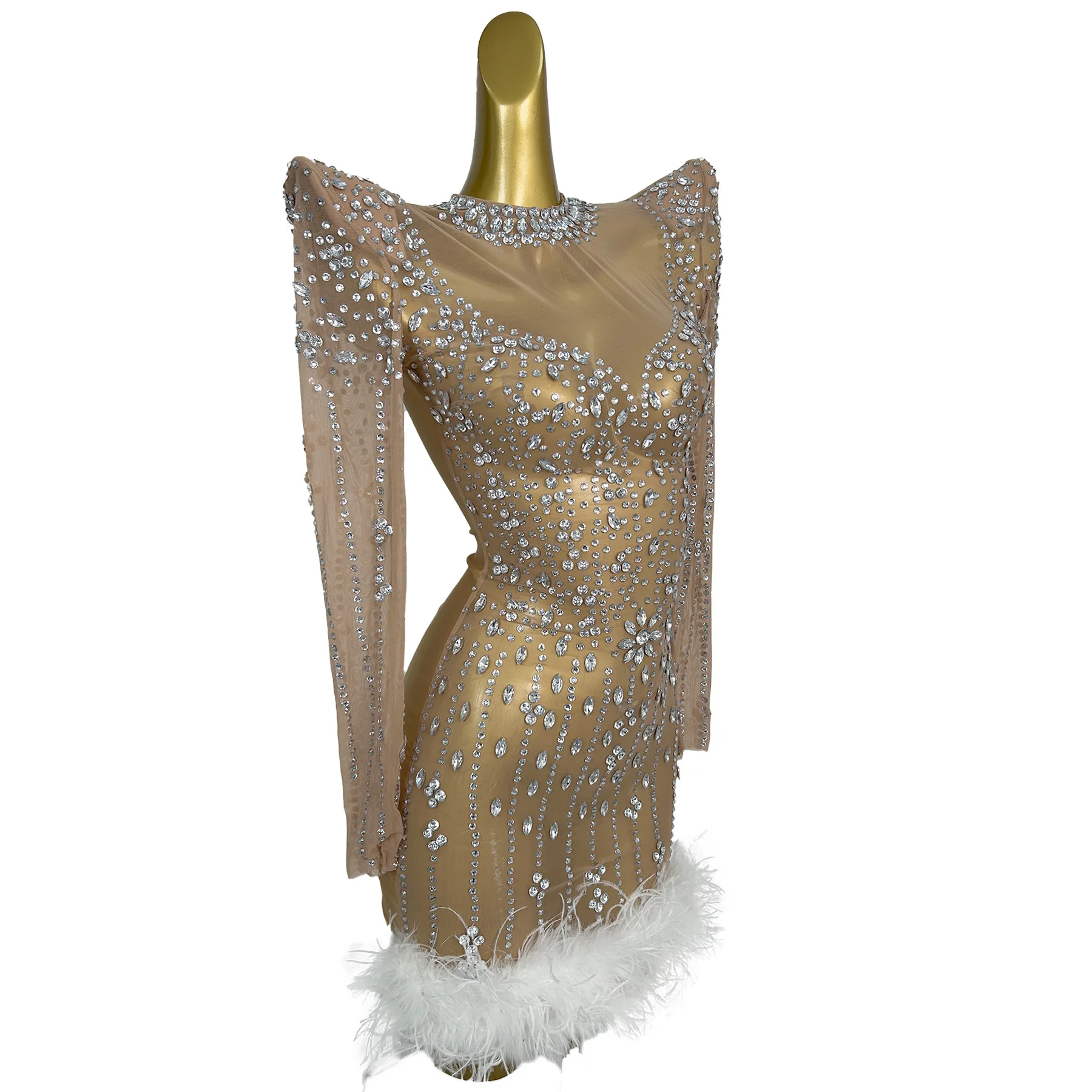 Jingqu Elegant Women Shoulder Padded Gown Sparkling Rhinestone Patchwork Feather Skirt Wedding Banquet Birthday Prom Dress