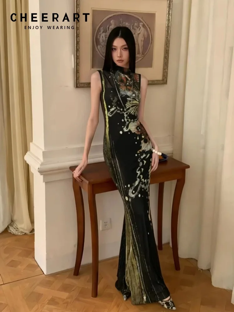 CHEERART Robe longue sans manches élégante à motif papillon peint, fendue sur le côté, moulante, noire, pour femme, collection été 2026, luxe