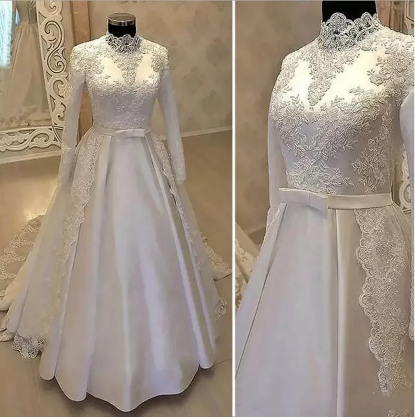 Vestido De boda musulmán De lujo, apliques De encaje blanco, cuello alto, manga larga, vestido nupcial estilo árabe