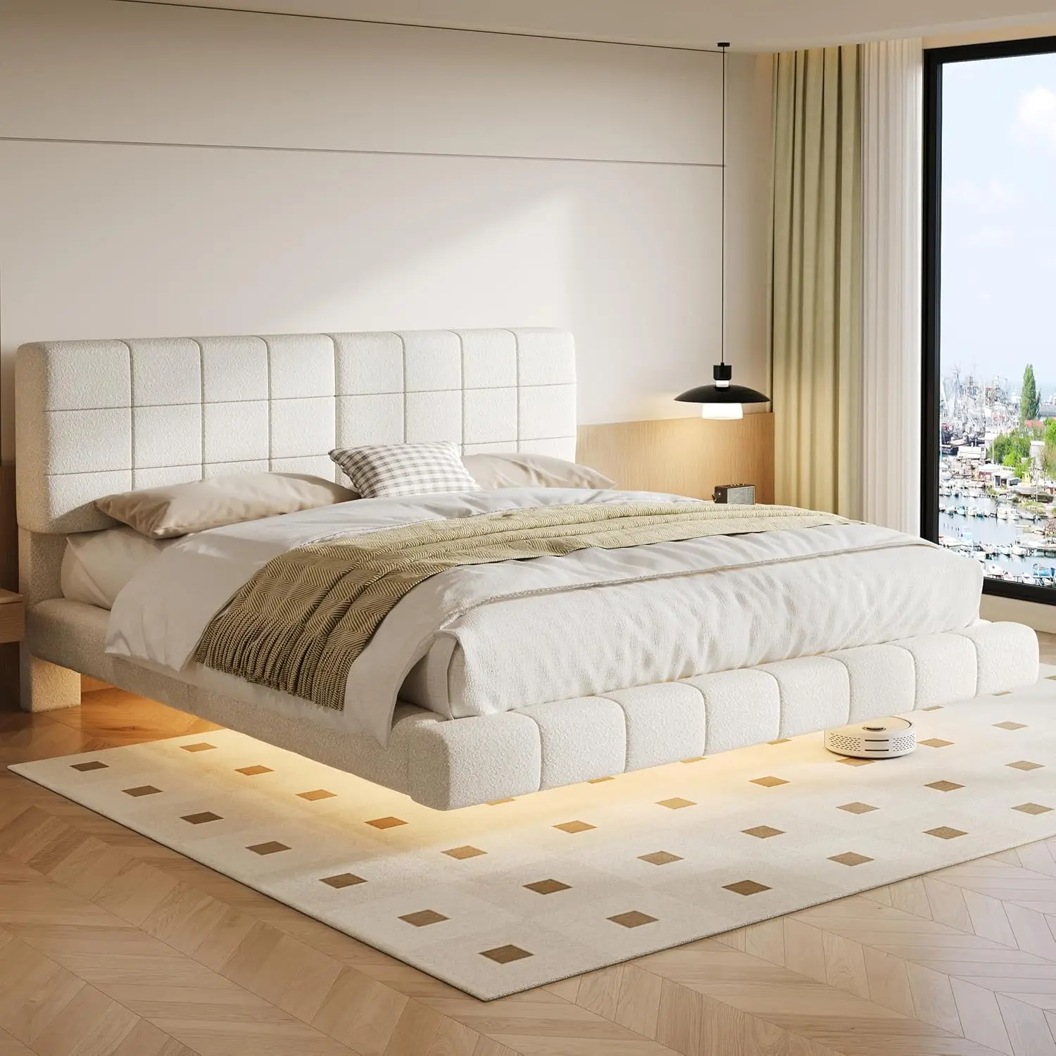 Queen Boucle Upholstered Floating Bed with LED Light Wood Platform Frame Steel Support No Box Spring, Customized