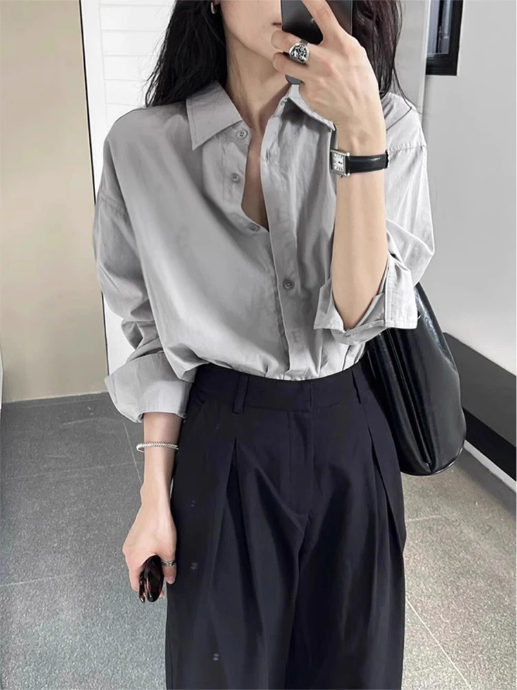 

Korean Fashion Shirts Solid Color Long Sleeve Single Breasted All Match Blouses Loose Simple Tops 2025 Spring Women Clothing New