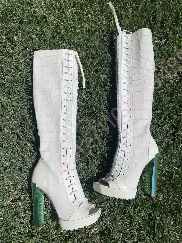 Women's White Crocodile Pattern Knee-High Boots 2026 New Lace-Up Green Chunky Heel Boots Sexy Peep Toe Runway Fashion Boots