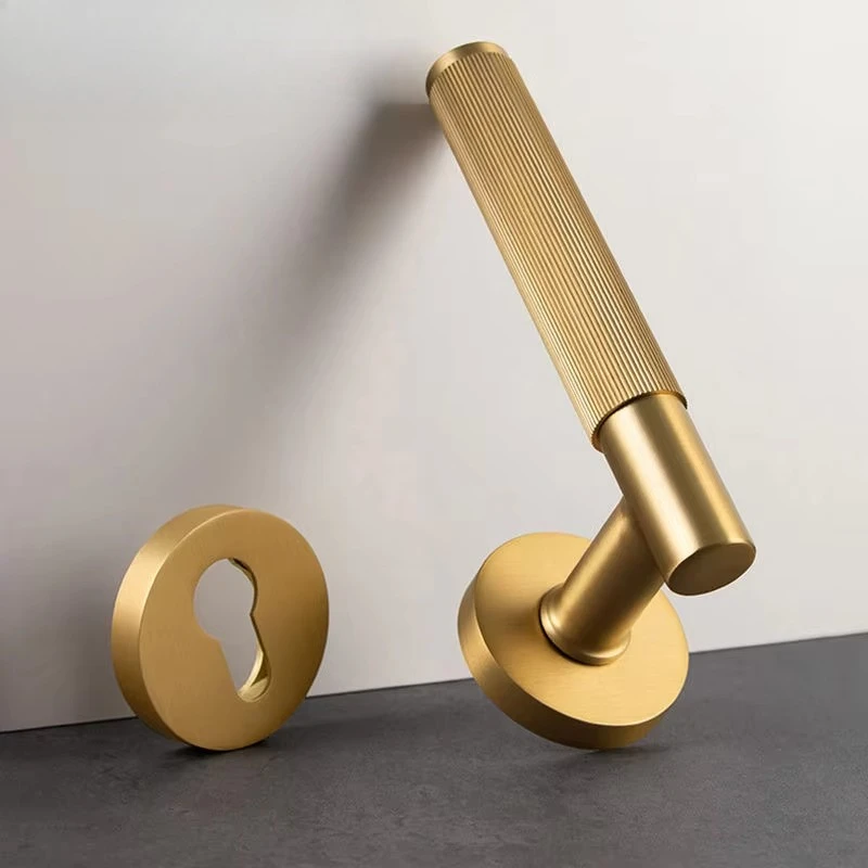 

High-end gold-plated striped brass channel lever door handle with privacy lock