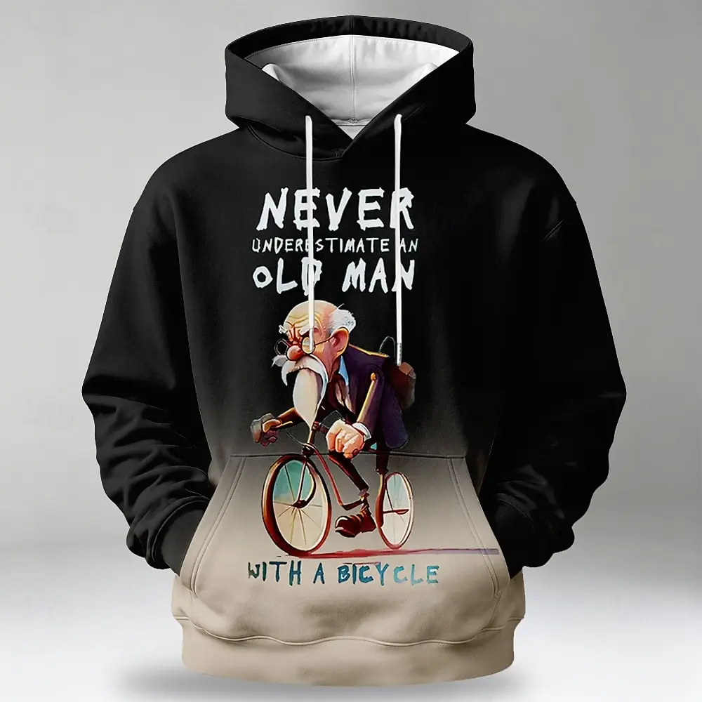 Men's Hoodie Black Slogan Bicycle Old Man Print Comfortable Pullover Sweatshirt for Humor Graphic Theme Daily Wear