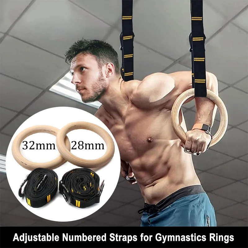 28mm 32mm Pull-up Gymnastics Rings Hanging Non-Slip Wooden Ring with Adjustable Straps for Home Fitness Portable Gym Equipments