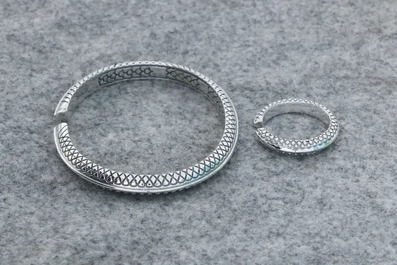 S925 Sterling Silver Dragon Pattern Dragon Scale Open Bracelet Wide Men's and Women's Vintage Ethnic Style Bracelet Trendy Hip H