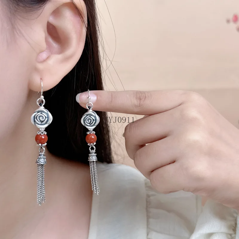 Ohrringe aus 999er Silber mit roten Achatperlen und Rosenquasten für Damen, Vintage-Stil, ethnische dreidimensionale Blume, lange Ohrringe, Schmuck