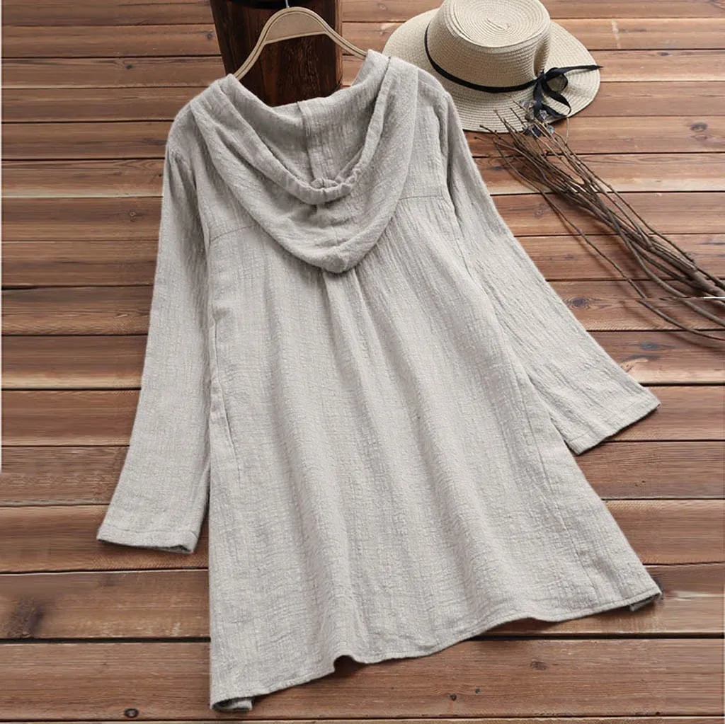 Women Blouses Vintage Cotton Linen Button Shirts Summer Long Sleeve Casual Hooded Tops And Blouses Plus Size Shirts Tunic Top