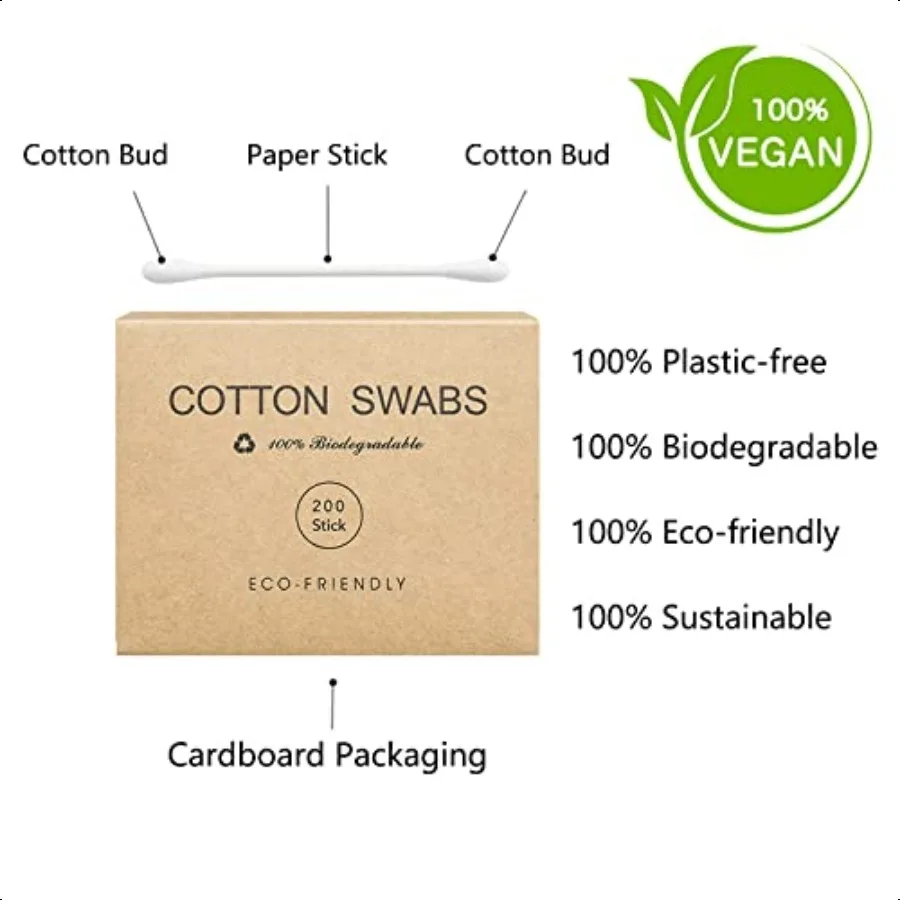 400 contagens de algodão orgânico Q Tips para orelhas Qtips ecológicos para botões de algodão de orelha