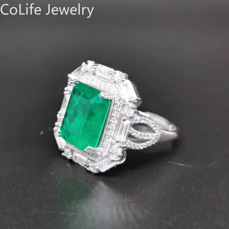 925 Silver Emerald Color Crystal Ring with 3 Layers 18K Gold Plating 10mm*12mm Lab Created Crystal Silver Ring for Party