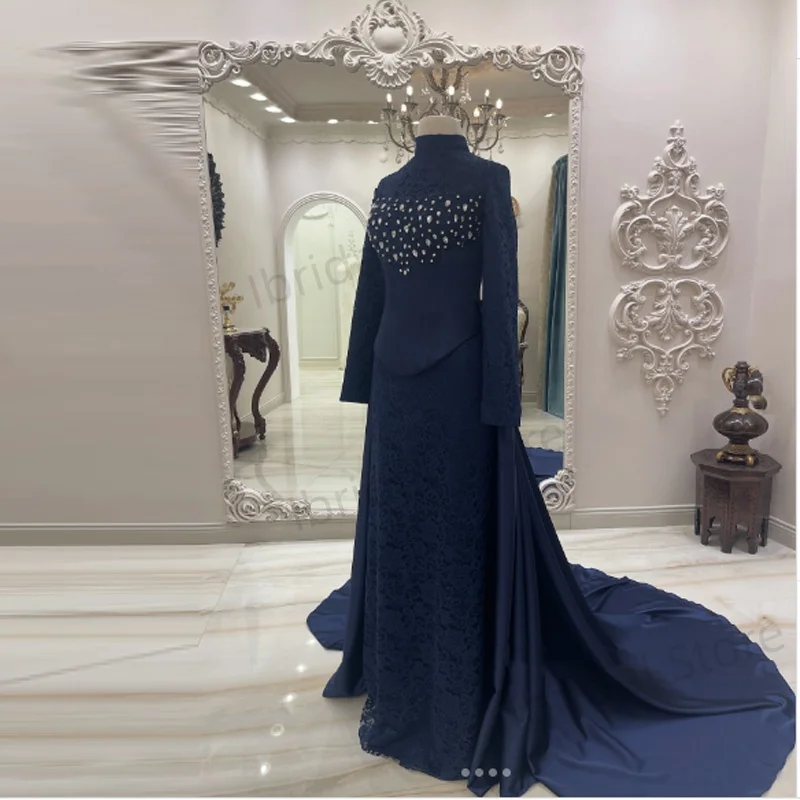 Personalizado alto nick vestidos de baile chique vestido de noite para ocasiões especiais cetim grânulo renda bordado mangas compridas vestidos de festa