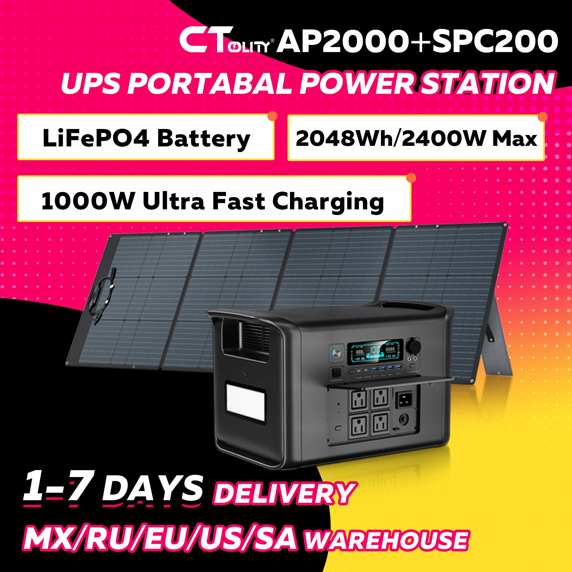 CTOLITY Portable Solar Generator 2400W 2048WH LiFePO4 Battery UPS Power Station for Home and Outdoor RV Camping 200W Solar Panel