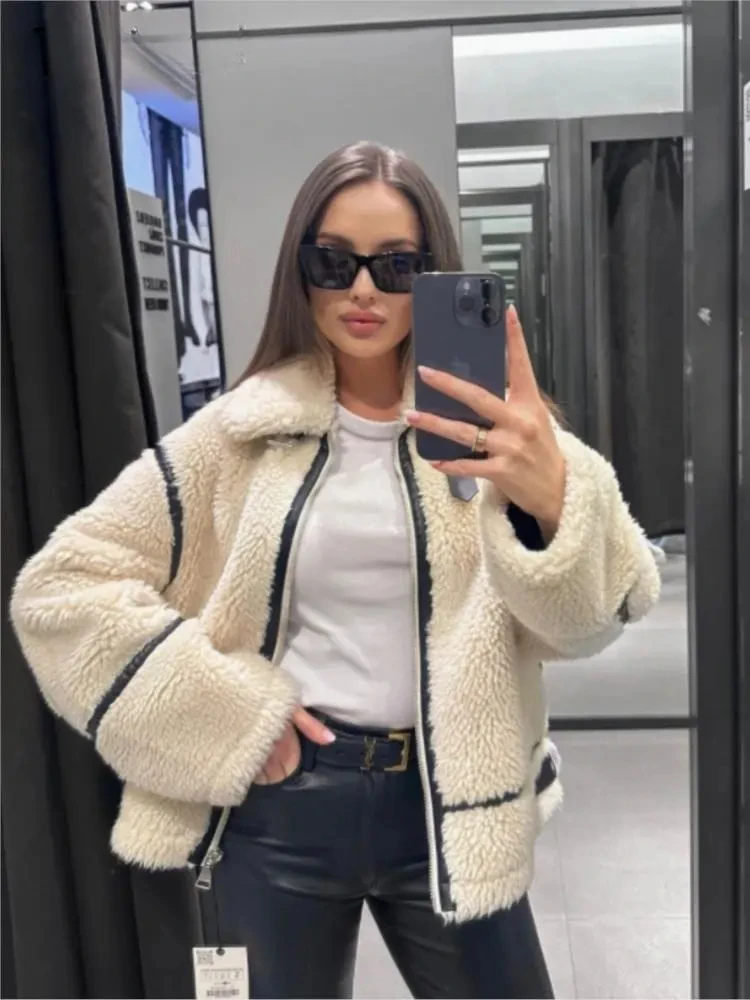 

Faux Teddy Fur Front Zipper Bike Jackets Women Thick Long Sleeve Motorcycle Coats Contrasting Colour Autumn Winter Street Jacket