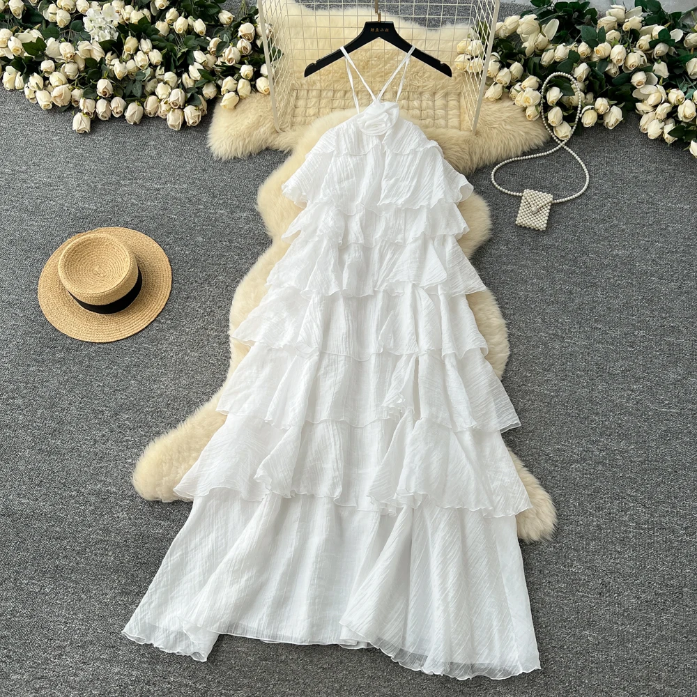 Chic vintage chiffon ruffle halter Ruched Elegant dress Fairy korean fashion Boho Sundress women clothing