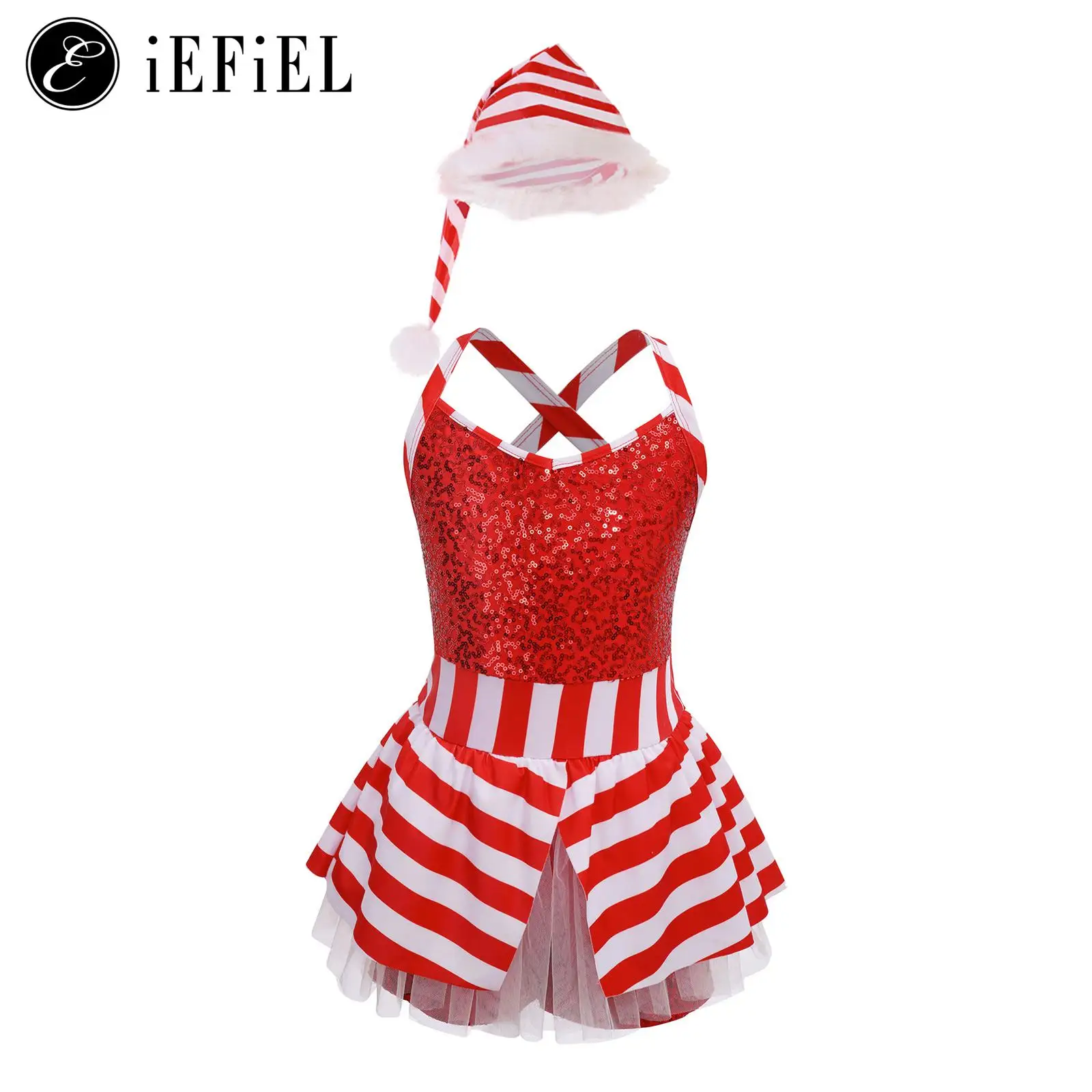 

Girls Miss Santa Dance Costume Sequins Crisscross Back Ballet Dance Dress with Xmas Hat Christmas Ballroom Dancewear