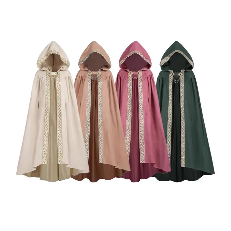 2026 Vintage Hooded Cloak Ribbon Trim Cape Women Medieval Cosplay Costume New