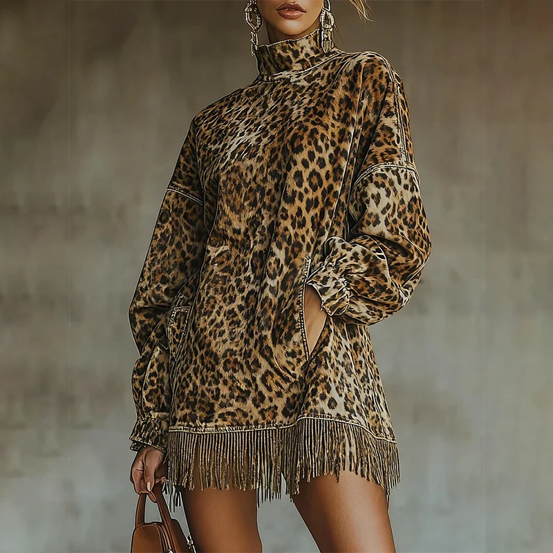 Damen-Minikleid mit Leopardenmuster, Laternenärmeln, Rollkragen, locker, lässig, Vintage-Stil, Fransenbesatz, Taschen, Reißverschluss, Herbstkleid