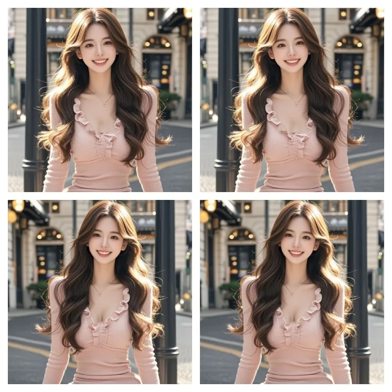 الكورية الحلو والتوابل الرياح الوردي فستان بفتحة عنق على شكل v الإناث الخريف جو سليم صالح حزمة مراوح الورك تنورة حسن المظهر الشارع الشهير