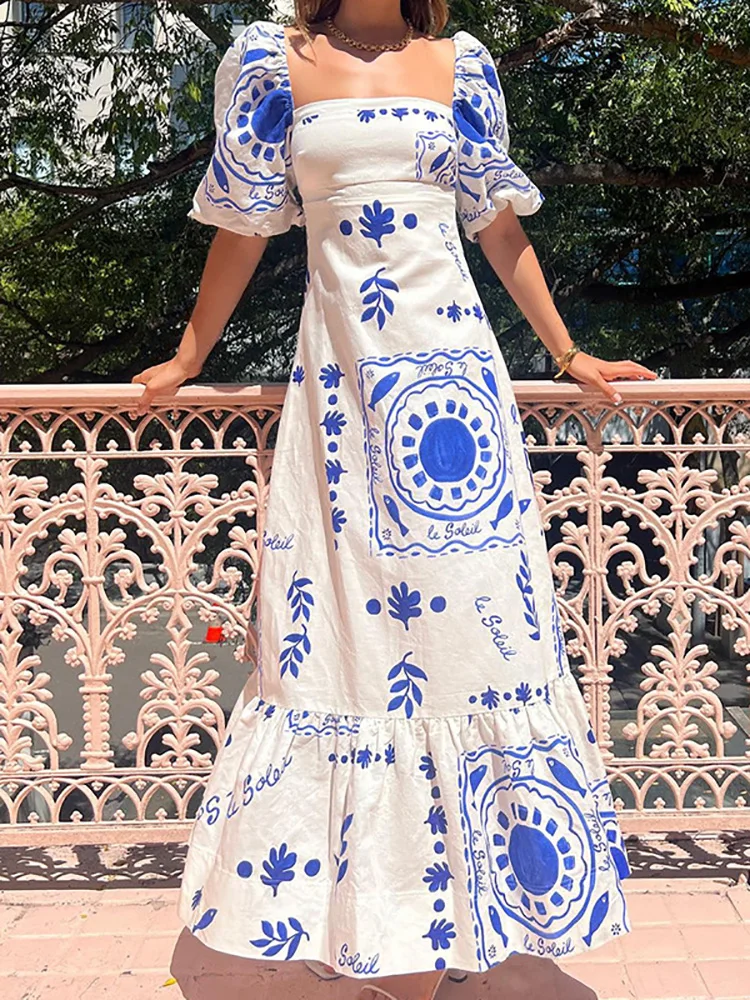 Elegante Frühling Sommer Frauen quadratischen Kragen langes Kleid lässig Blumen druck Party kleid Dame Puff ärmel Strand kleid Vestidos