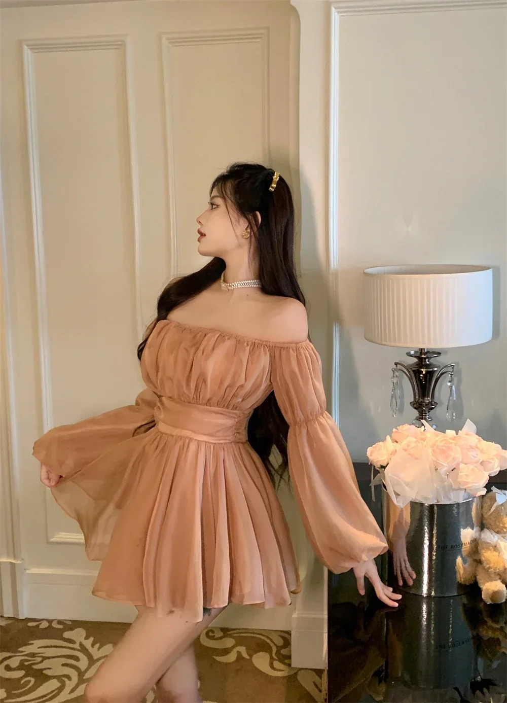 Gaganight Women Off Shoulder Elastic Long Sleeve High Waist Pleated Slim Dress Women New Gentle Princess Short Dresses