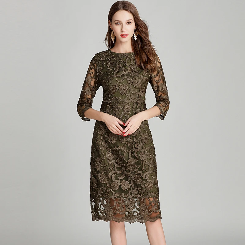 Vintage Lace Dress for Women Large Size Three Quarter Sleeves Loose Elegant Flower Print Lace New Arrival  Women\'s Dress 11644