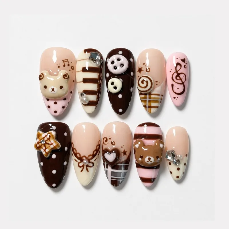 24PCS Cute 3D Bear Cartoon Almond Press on Nails Pink Brown Stripes Plaid French False Nails Sweet Piano Note Bow Artificial Tip