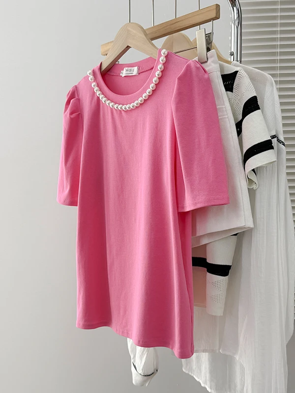 

Summer Women's Pink round Neck Beaded Short Sleeve Top And Short Skirt Two Piece Set Elegant Casual Sportswear Ensemble