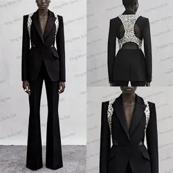 Black Crystals Women Suit Set Blazer+Flare Pants 2 Pieces Hollow Back Jacket Sexy V Neck Designer Luxury Customized Costumes