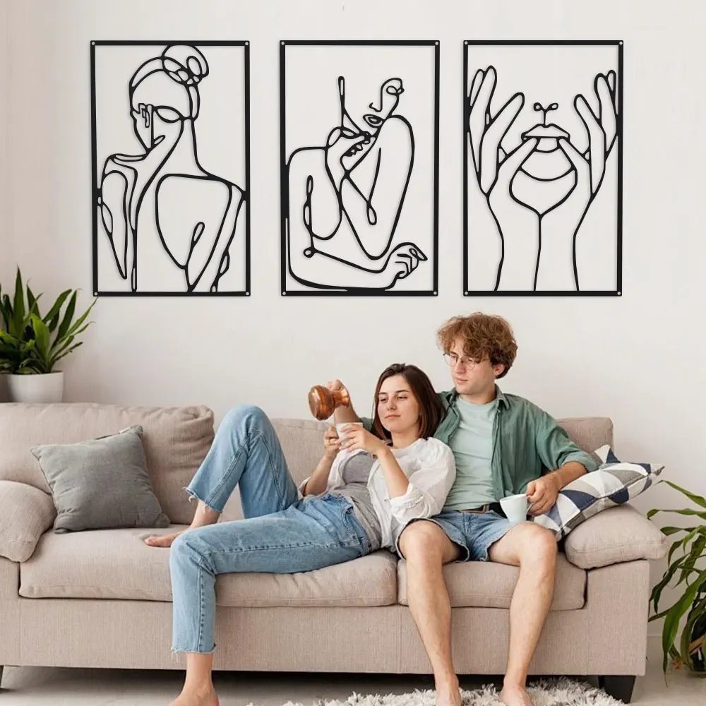 1pc Modern Gallery Display. Minimalist 3-Piece Metal Wall Art: Elegant Continuous-line Silhouettes Create A Captivating