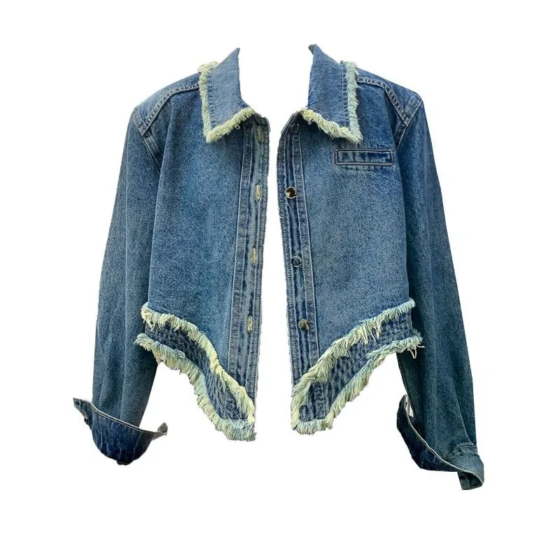 

Polo Collar Rough Edge Short Jacket Women's Spring and Autumn Small Denim Splicing Cool Trendy Versatile Fashion Small Fragrant