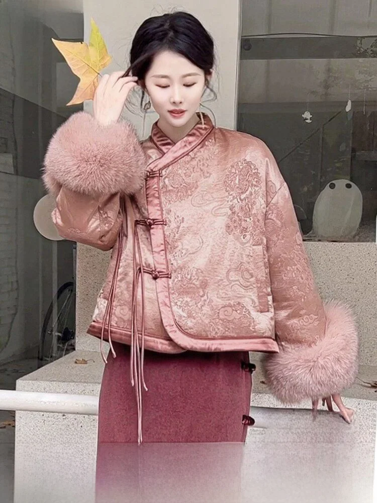 

New Chinese Sle Women's Goose down Jaet Fur Collar Warmth Straight Cut Long Sve V-Ne Regular Fit Commute Faion