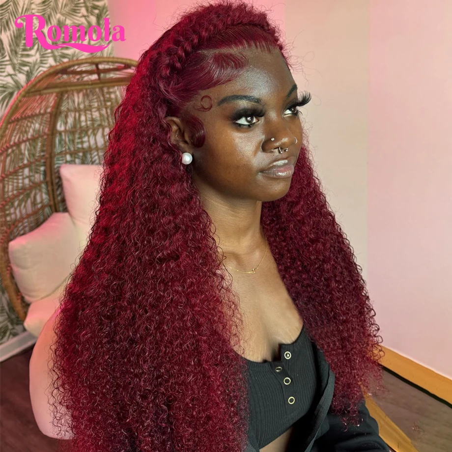 Perruque Lace Front Wig Deep Wave Naturelle Bouclée, Cheveux Humains, Bordeaux 99J, 13x4, 13x6, pour Femme Africaine