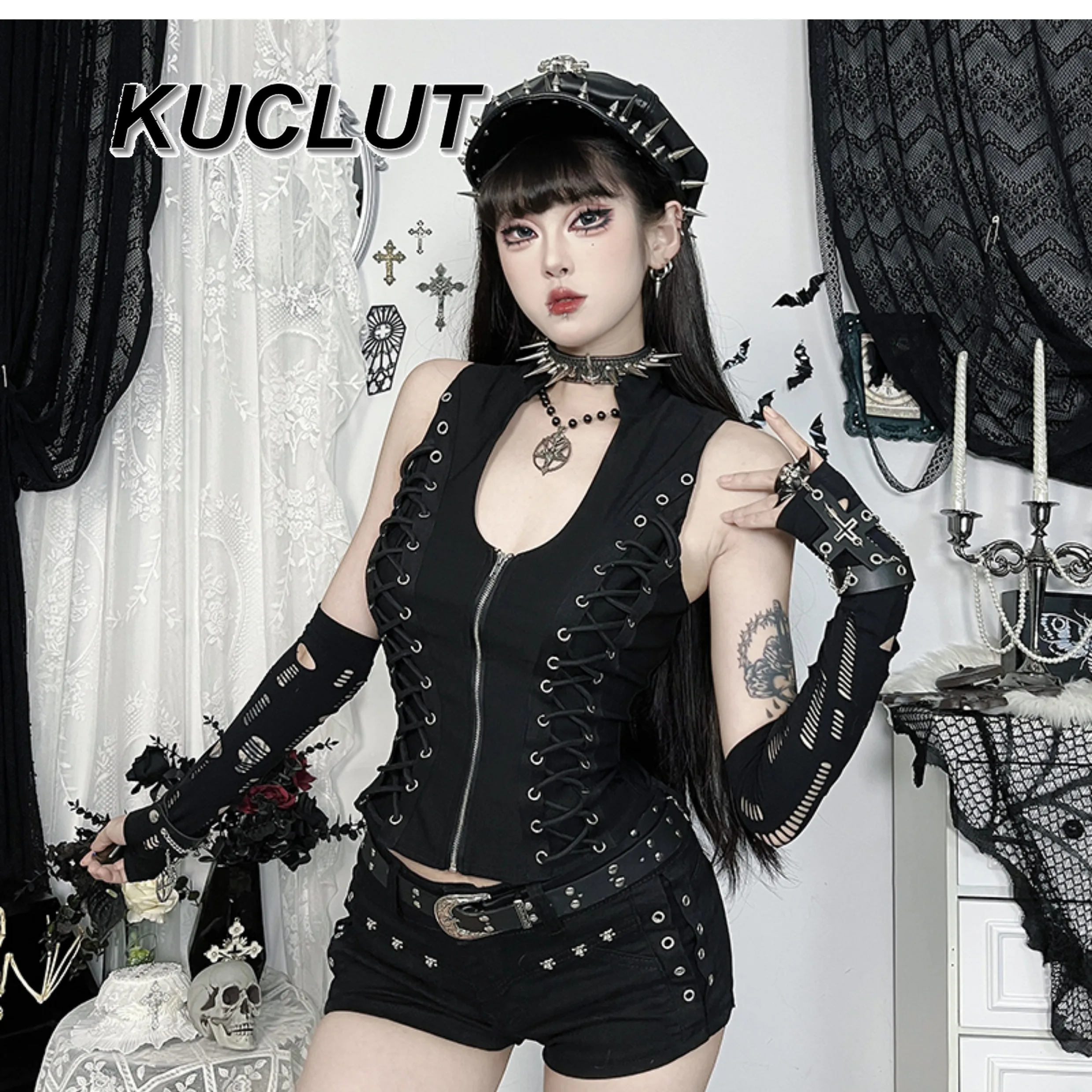 고스 펑크 스타일 블랙 지퍼 업 숙녀 섹시한 조끼 어두운 섹시한 스트랩 멜빵 탑 패션 2025 뉴 여름 여성 탱크 탑