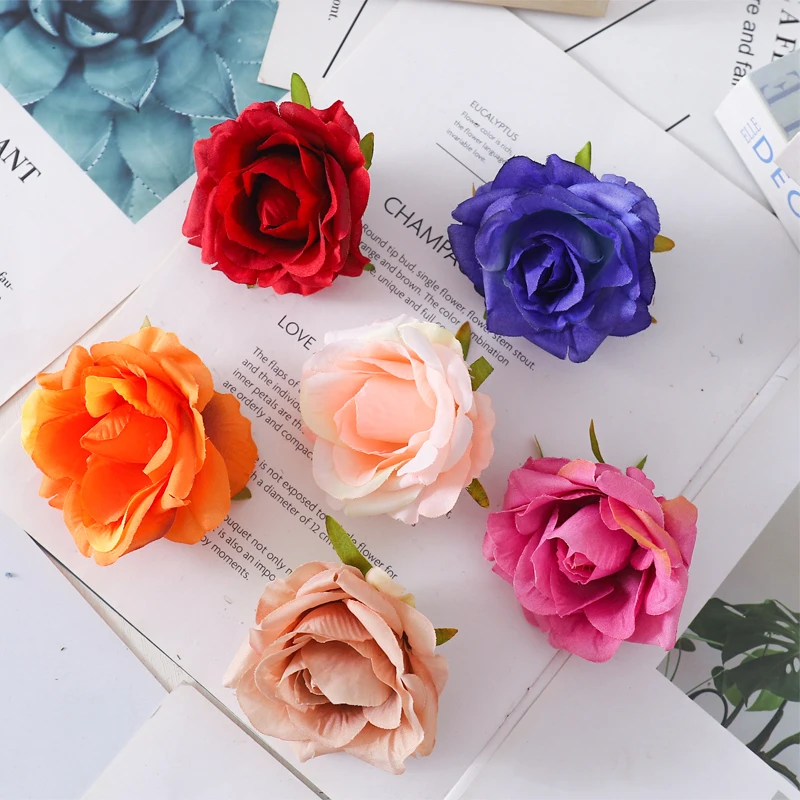 5 Pieces Artificial Rose Flowers Head Silk Wall Home Wedding For Decoration Table Bridal DIY Faux Floral Accessories Gift Box