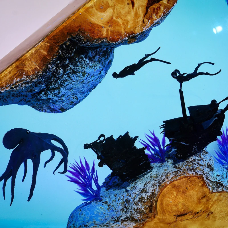 المحيط الراتنج مصباح حطام السفينة موضوع ضوء الليل الإبداعية فن الديكور الأخطبوط الغواصين المشهد الجدول مصباح USB شحن