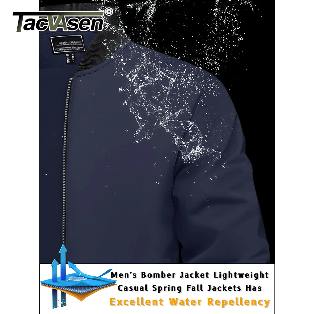 TACVASEN Men\'s Varsity Jacket Autumn Lightweight Windproof Full Zip Up Bomber Jacket Waterproof Outdoor Sports Casual Coat