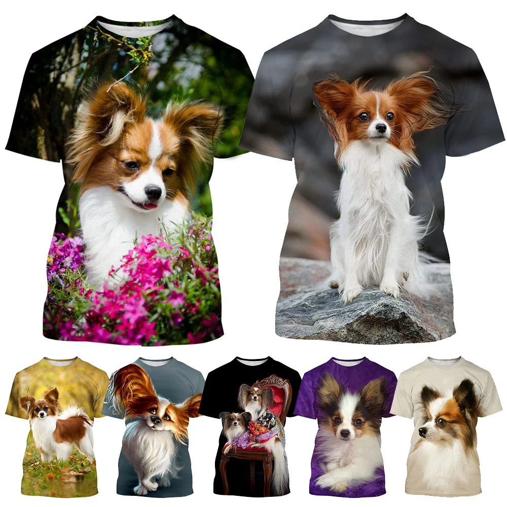 New Fashion Pet Dog Papillon 3D Printing T-Shirt Summer Casual Men/Female Hip Hop Breathable Short Sleeve T-Shirt